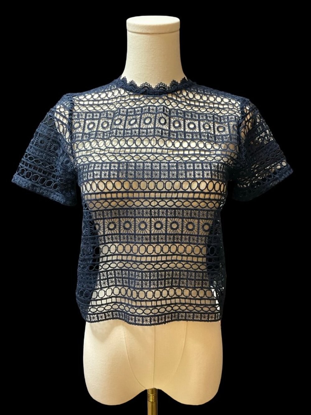Navy Open Lace Front Top